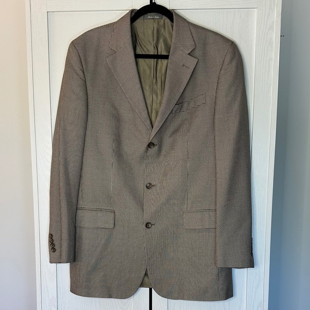 Oscar de la Renta Men's 100% Silk Beige Brown Houndstooth Blazer Size 40 Long‎